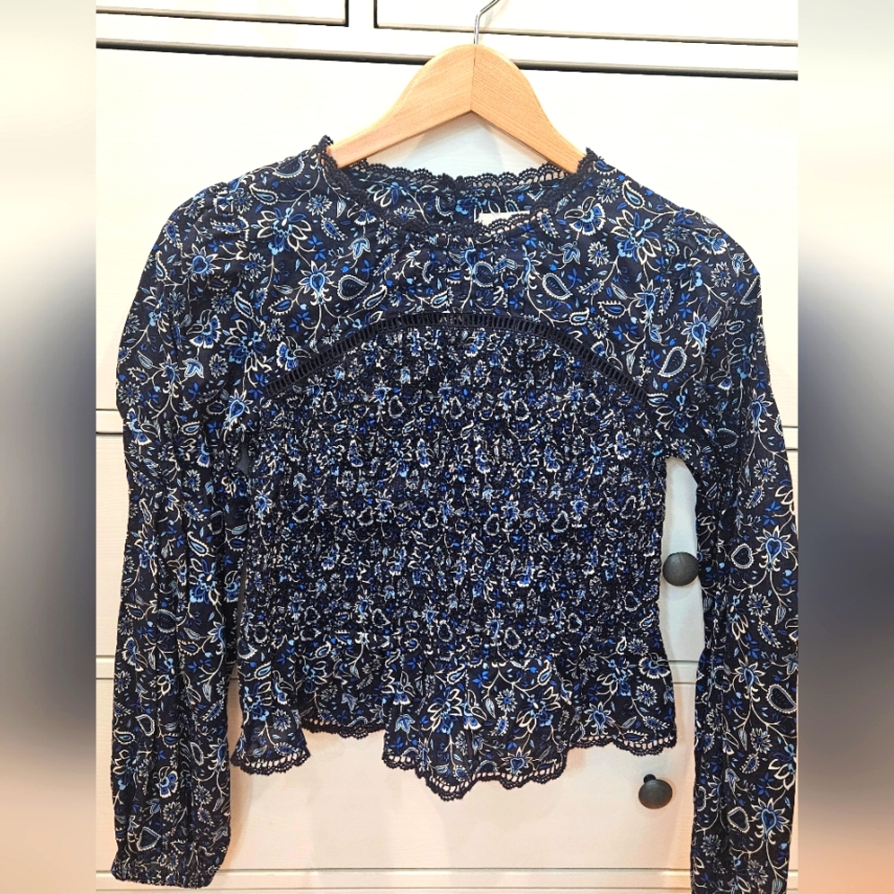 LOFT Blue and White Smocked Ruffled Blouse